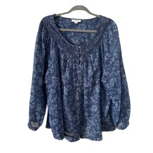 Beach Lunch Lounge Long Sleeve Popover Button Front Loose Fit Floral Top